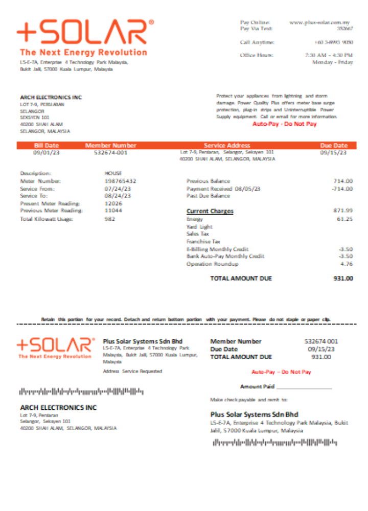 Download Plus Solar Systems Sdn Bhd utility business bill,  SCR Photoshop template